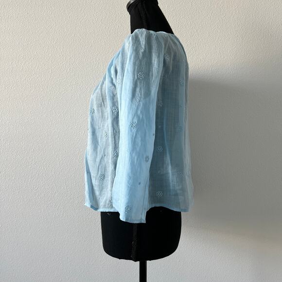 J Crew Tie Front Eyelet Top In Ramie XS Sheer Blue Preppy Flaws - Picture 5 of 15